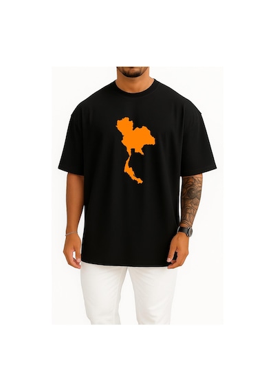 Bahriyeli Collection Oversize Tayland Haritası Göğüs Baskılı Unisex T-shirt Siyah