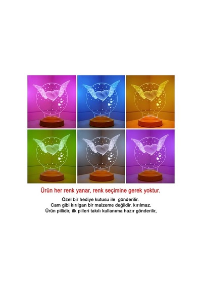 3D Led 3 Boyutlu Yeni Yıl Hediyesi Kanatlı Kalp Led Lamba