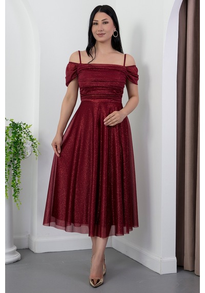 Kalopya Kare Yaka Askılı Simli Tül Elbise 39976 Bordo