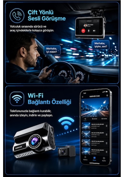 Harvox 2k Max Akıllı Araç Kamerası Ön 2k Arka Full Hd Sim Kartlı 4g Bağlantılı Çift Yönlü Ses G-sens