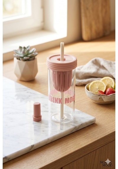 750 Ml Pembe Süzgeçli Pipetli Cam Matara Motivasyonel Su Şişesi Tasarımlı Isıya Dayanıklı Bardak