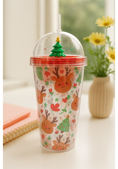 Sevimli Geyikli Kar Tanesi Noel Ağacı Desenli Süslemeli Renkli Pipetli Kupa Bardak Suluk 450ml 2768c Çok Renkli