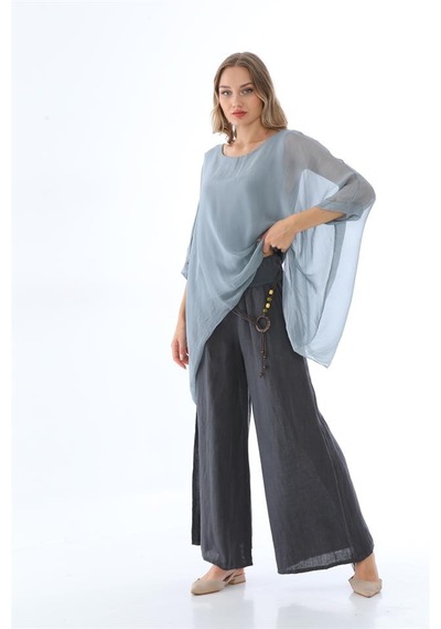 Bohem Stil İtalyan Yarasa Kol İpek Bluz-8869 Gri