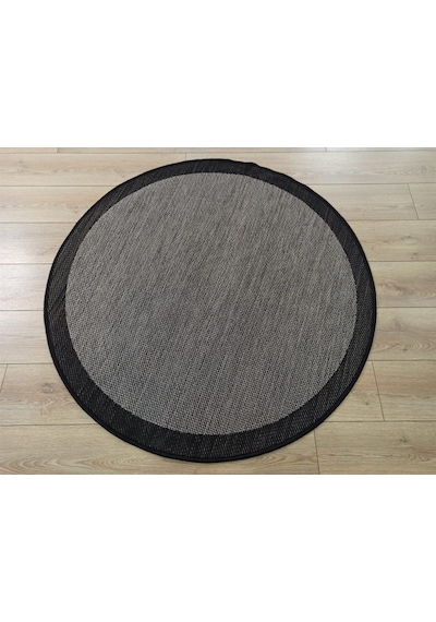 Çam Halı Sisal 9715 Gri / Siyah Bordürlü Daire Jüt Sisal Kilim - 120x120