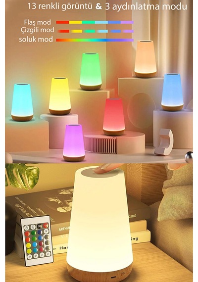 Rgb Dokunmatik Led Masa Lambası Kumandalı, Usb Şarjlı, 1500 Mah, Renk Değiştiren Gece Lambası Çok Renkli