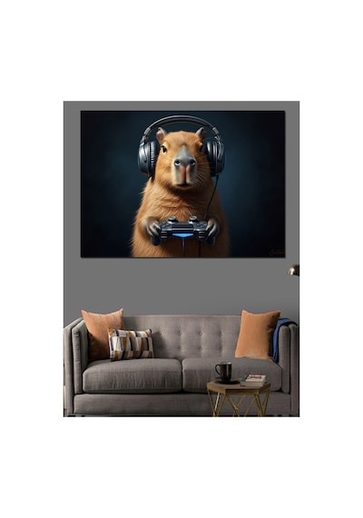 Kulaklıkla Oyun Oynayan Capybara Yağlı Boya Dokulu Kanvas Tablo Canvas Tablosu