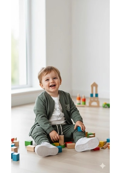 Bontino Erkek Çocuk Sweatshirt, Hırka Ve Pantolonlu %100 Pamuk 3'lü Spor Takım Haki