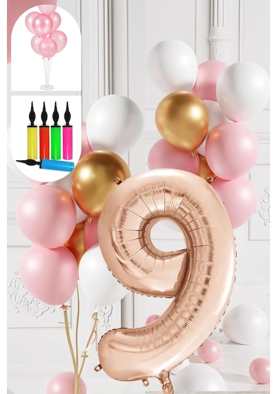 9 Yaş Balon Standlı Ve Pompalı Retro Gold Pembe Beyaz Balon Seti Rose Gold Rakamlı Süsleme Çok Renkli