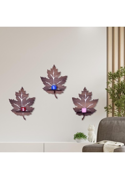 Woodart Dekoratif Doğal Ahşap 3’Lü Çınar Yaprağı Modeli Duvar Raf