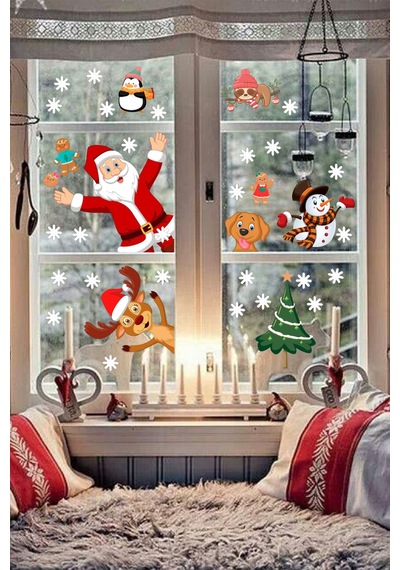 Yılbaşı Sticker Noel Baba Yılbaşı Ağacı Penguen ve Kar Taneleri Temalı