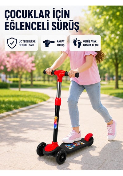 Çocuk Scooterı 3 Tekerlekli Denge Destekli Ayarlanabilir Gidonlu Çocuk Skuteri - Lisinya Kırmızı