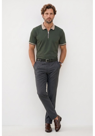 Tudors Erkek Slim Fit Dar Kesim %100 Pamuk Kısa Kollu Yarım Fermuarlı Yeşil Polo Yaka Tişört-50745