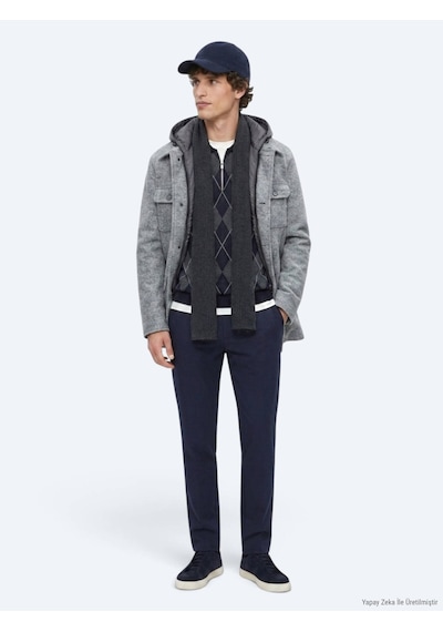 Kip Gri Regular Fit Kapüşonlu Smart Casual Dokuma Mont