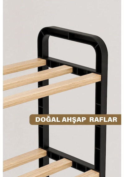 Three 4 Katlı Ahşap Ayakkabılık 50 Cm Ahşap Çubuklu 4 Bölmeli Eko Raf Ünitesi Düzenleyici
