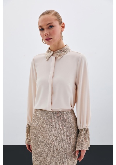 Sateen Payet Detaylı Gömlek - Bej-135616 Bej