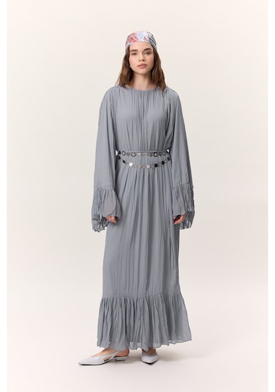 Manuka Crush Piliseli Katlı Uzun Elbise Mavi Mavi