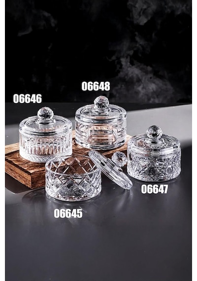Deconox Lüx Kristal Kapaklı Cam Şekerlik & Cam Lokumluk, Kesme Cam Lüx Şekerlik 10cm 10.5cm - 4 Model 06648 Genel