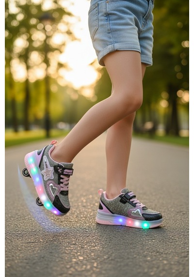 Enoch Çocuk Patenli Işıklı Tekerlekli Spor Ayakkabı & Rahat Cırt Cırtlı Kaykay Ayakkabı 4 Tekerli Sneaker Siyah - Pembe Enoch Çocuk Patenli Işıklı Tekerlekli Spor Ayakkabı & Rahat Cırt Cırtlı Kaykay Ayakkabı 4 Tekerli Sneaker Siyah - Pembe