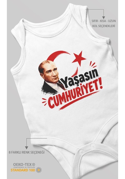Morivokids Yaşasın Cumhuriyet Sıfır Kol Bebek Body %100 Pamuk Beyaz