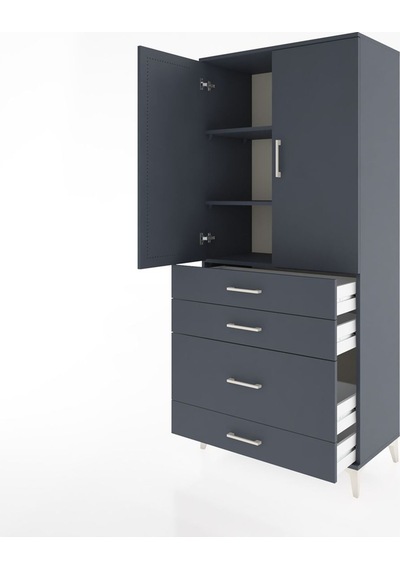Hyperion Dolap 3 Raflı 4 Çekmeceli 2 Kapaklı 88x44x195 Antras... Antrasit