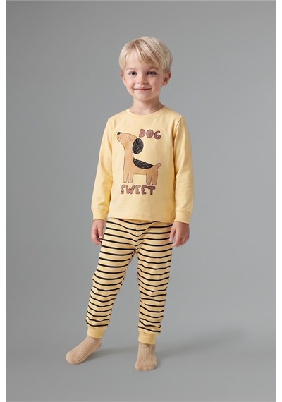 Defacto Baskılı Uzun Kol Üst Çizgili Alt 2li Pijama Takımı Erkek Bebek I1433a526auyl166 Sarı-yl166