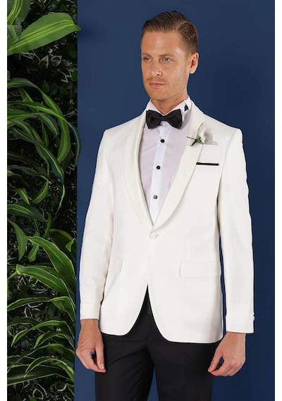 Efor Black 034 Slim Fit Saten Yaka Çift Yırtmaçlı Damatlık Ekru Smokin Ceket Ekru