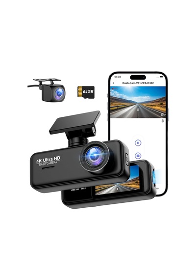 4k + 1080p Dash Cam Ön Arka Kamera, Wifi, 64gb Sd Kart, Ultra Gece Görüşü, G-sensör, Döngüsel Kayıt