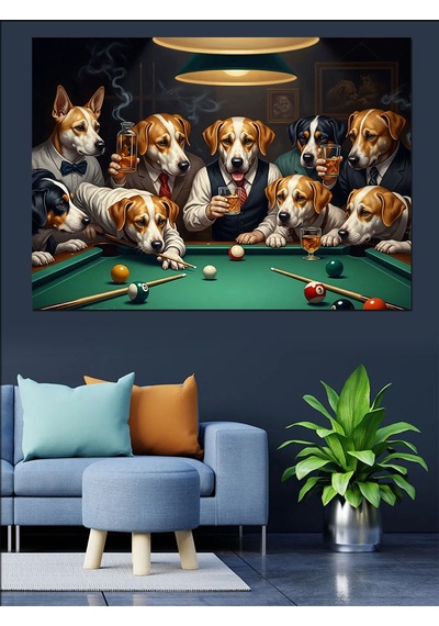 Ahşap Tablo Bilardo Oynayan Sevimli Köpekler Grubu