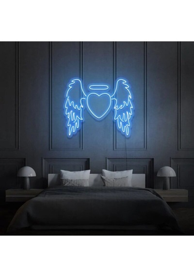 Kanatlı Kalp Şekilli Neon Tabela Mavi