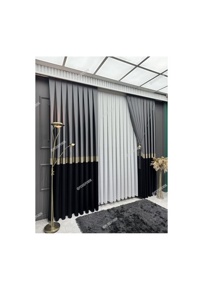 Pano Fon Perde,elegans Seri Azra Desen Siyah Gold Gri Siyah Gold Gri