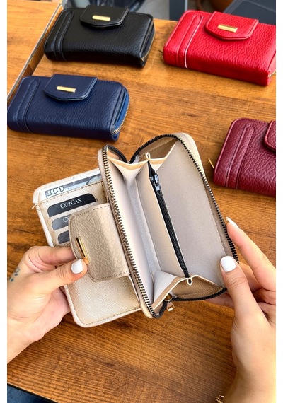 Lavinia Krem Vegan Deri Kadın Cüzdan Fermuarlı Ve Mıknatıslı 16x9 Cm Krem