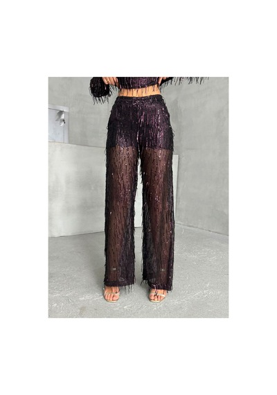 Verymoda Pullu Tül Pantolon F1611 Siyah Bordo
