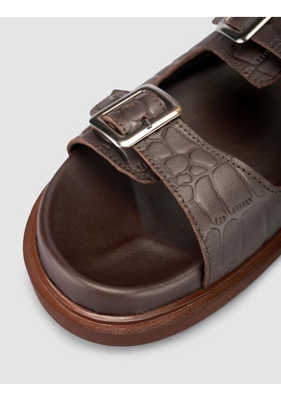 %100 Hakiki Deri Croco Desen Kahverengi Erkek Terlik Kahverengi