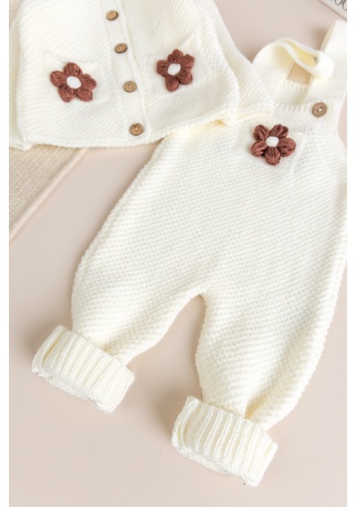 Babymod Yumuşak Dokulu Triko Hırkalı Kız Bebek Örgü Salopet Tulum Set Ekru