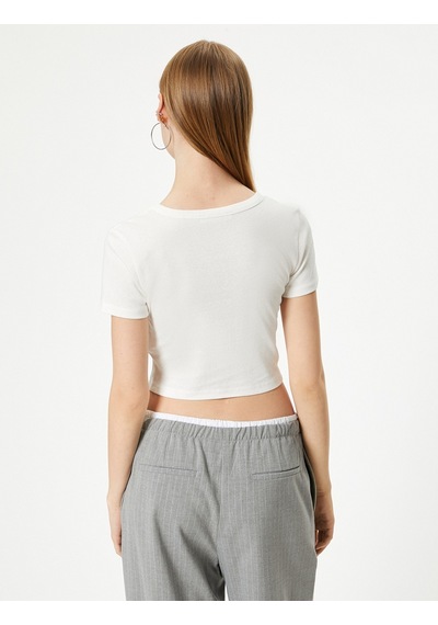 Koton Crop Baskılı Tişört Kısa Kollu Bisiklet Yaka Slim Fit Pamuklu Ekru 4sal10916ık Ekru