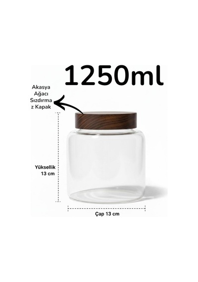 Cam Saklama Kabı, Kavanoz 1250ml Akasya Ağacı Sızdırmaz Kapak Şeffaf