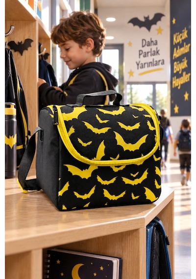 Siyah Sarı Yarasa Termal Isı Yalıtımlı Beslenme Çantası Çocuk Okul Yemek Çantası 22x24x14 Cm Çok Renkli