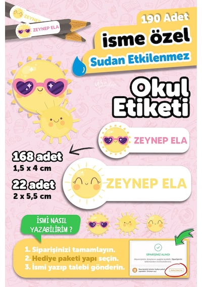 Okul Etiketi Kalem Defter İsimli Etiket Isim Yazılabilen Güneş Temalı - 190 Adet Özel Tasarım Çok Renkli