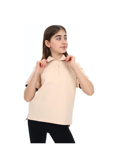 Toontoy Kids Toontoy Kız Çocuk Baskılı Polo Yaka Çıtçıtlı Kısa Kollu Tişört - Yırtmaçlı Bej