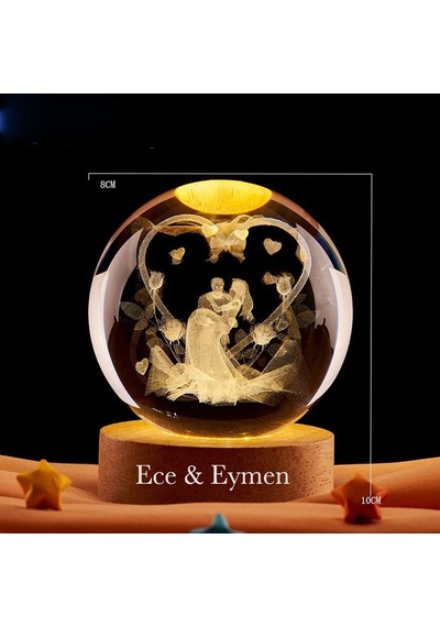Romantik Çift Figürlü Led Işıklı 3d Kristal Küre Kalp Tasarımlı Dekoratif Gece Lambası 8 Cm