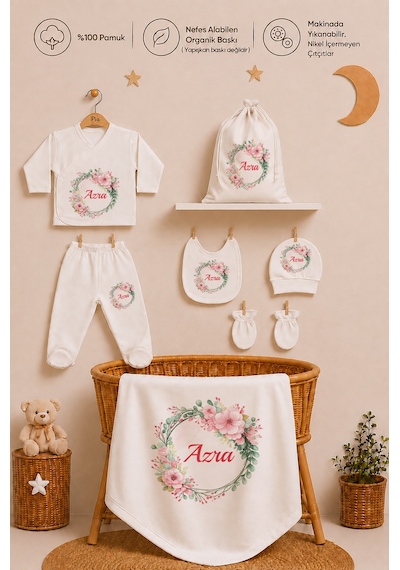 Pia Baby Kişiye Özel %100 Pamuk Kız Bebek Yastık Battaniye Zıbın Set Ve Kıyafet Kesesi 1024zybkyx Krem