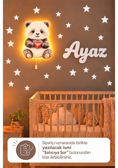 Ahşap Panda Lamba & Işıksız İsimlik Seti İsimli Bebek Ve Çocuk Odası Dekoru Siyah