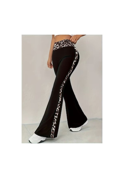 Butik İstanbul Kadın Yüksel Bel Leopar Desen Detaylı Ispanyol Paçalı Dalgıç Pantolon Siyah