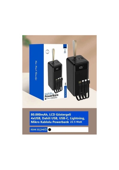 Hızlı Powerbank 80.000mah Pw-108 Hızlı Şarj 22.5w Lcd Gösterge, Dahili Lightning, Type-c Ve Micro Kablolu 7 Portlu Usb Hub siyah