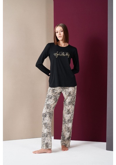 Pjs 26020 Kadın Love Yourself Yuvarlak Yaka Leopar Desen Uzun Kol Pijama Takım Siyah