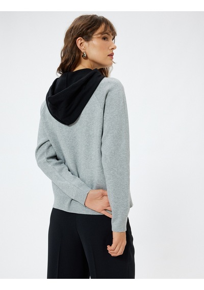 Koton Kapşonlu Triko Sweatshirt Kazak Renk Kontrastlı Gri 5wak90241ht Gri