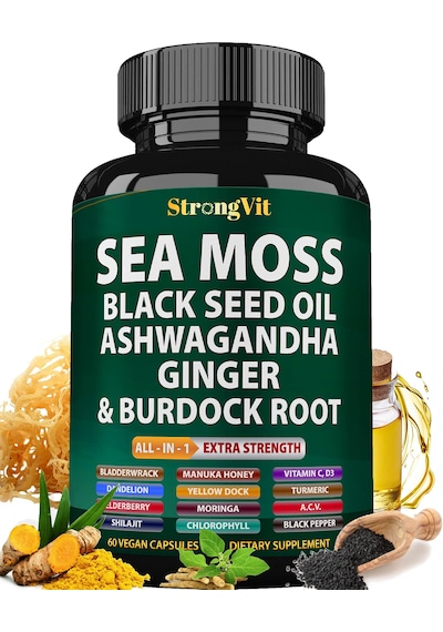 Strongvit Sea Moss Black Seed Oil,hint Ginseng, Burdock Root All-in-1 Extra Strength 60 Vegan Kapsülleri
