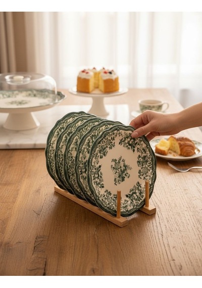 8 Parça Porselen Velour Green Pasta Seti-5687 Yeşil