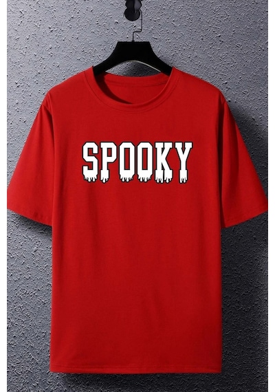 Unisex Spooky Baskılı Kısa Kol T-shirt Kırmızı