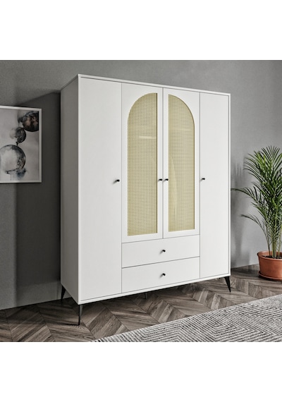 Merlin Mobilya Diamond 4 Kapaklı Çift Hazeranlı Beyaz Dolap
